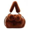 Brown plush handbag with large pom-poms and leather strap, shown in a center front view - Brown