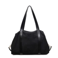 Bolso tote grande de lona negra con ribete de cuero para oficina y uso diario - Negro