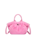 Pink plush faux fur handbag with leather handle and shoulder strap on white background - Pink
