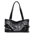 Borsa tote retrò in pelle lucida nera da donna con doppi manici e logo inciso - Nero