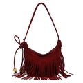 Detailed close-up of dark red suede fringe bag with bohemian wooden beads and smooth texture - Red