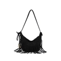 Chic black faux suede tassel hobo bag with bohemian fringe and golden bead details - Black