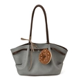 Grey canvas tote bag with brown handles, checkered bow, and donut plush charm decoration - With Silk Scarf / Light Blue