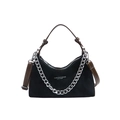 Minimalistische schwarze Hobo-Tasche mit Silberkette und verstellbarem braunem Lederriemen - Schwarz