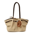 Beige canvas tote bag with brown leather handles and a chocolate donut plush charm - With Silk Scarf / Off White