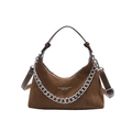 Braune Wildleder-Schultertasche in Halbmondform mit silberner Kette und Lederriemen - Braun