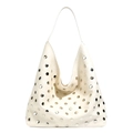 Creamy white leather hobo tote bag with silver rivet studs and a long shoulder strap - Off White