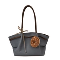 Grey canvas tote bag with brown leather straps, featuring a donut plush charm and ribbon - With Silk Scarf / Dark Blue