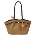 Brown canvas tote bag with leather handles and a chocolate donut plush charm - Brown