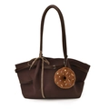Large dark brown canvas tote bag with leather handles and donut charm decoration - Brown