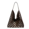 Detail of silver rivets on a dark brown leather shoulder bag with industrial punk style - Brown