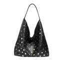 Retro black leather hobo shoulder bag with silver metal eyelet studs and punk rivet style - Black