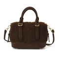 Dark coffee faux shearling baguette bag with leather handles and gold-tone hardware - Brown