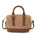 Plush beige faux fur and brown leather handbag with adjustable crossbody strap and gold hardware - Khaki