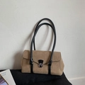 Retro brown suede shoulder bag with black leather straps and silver buckle closure - Khaki