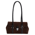 Borsa baguette in pelle scamosciata marrone scuro con cuciture bianche e fibbia argento - Marrone