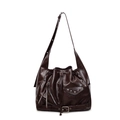 Borsa a secchiello vintage in pelle testa di moro con cerniere e dettagli in rivetti - caffè