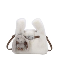 White plush bucket bag with cute bunny ears, leather strap and fluffy rabbit charm decoration - White (With Charm)