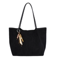 Retro matte black large capacity tote bag with vintage wood bead pendant accessory - Black