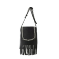 Schwarze Wildleder Umhängetasche mit gewebten Kanten und langen Fransen im Boho-Stil - Schwarz