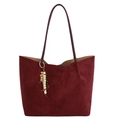 Grand sac cabas bordeaux en daim mat avec pendentif décoratif en perles de bois - Avec Pendentif / Rouge
