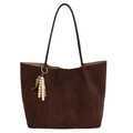 Sac cabas bandoulière en suédine marron pour femme, sac à main de travail élégant avec perles bois. - Avec Pendentif / Café
