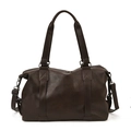 Minimalist large dark brown PU leather Boston bag with detachable shoulder strap - Coffee