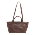 Dark brown leather tote bag with vertical stitching, dual handles and long shoulder strap - Dark Coffee