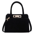 Bolso bandolera de ante negro clásico con elegante cierre giratorio dorado y asa - Negro