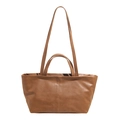 Large caramel leather tote bag with stylish vertical stitching and dual handle straps - Brown