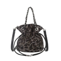Retro Leoparden-Eimertasche mit Kordelzug, silbernem Kettenhenkel und schwarzem Gurt - Schwarz