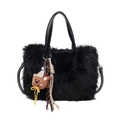 Schwarze Bucket-Bag aus Kunstpelz mit süßem Bärenanhänger und Ledergriffen für Damen - Schwarz