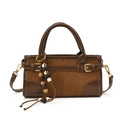 Retro coffee brown baguette bag in matte suede and leather with wood bead charm - No Pendant / Brown