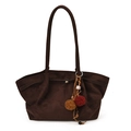 Large vintage brown faux suede tote bag with decorative tassel and shoulder strap - With Pendant / Brown