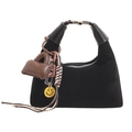 Black suede hobo bag with unique heart charm, resin chain, and yellow smiley pendant - With Pendant / Black