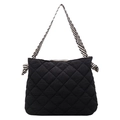 Black quilted puffer tote bag with black and white striped straps and side knot detail - Black