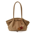 Brown frosted suede tote bag with long shoulder strap and colorful pompom charms - With Pendant / Khaki