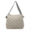 Quilted light gray-green tote bag with diamond lattice pattern and geometric strap - Off White