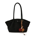 Large black suede tote bag with bohemian tassels and colorful pom-pom charm - With Pendant / Black