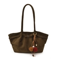 Dark brown suede tote bag with long shoulder straps and a colorful ethnic tassel pendant - Green
