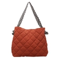 Quilted brick red tote bag with stylish black and white striped woven shoulder strap - Orange