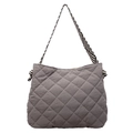 Quilted tote bag in dark grey finish featuring black and white striped woven strap - Gray