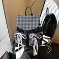 Mochila de retazos a cuadros de cuero negro con lazos de encaje blanco para mujer chic - Negro