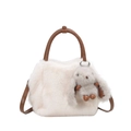 Witte pluche bucket bag met bruine leren handvatten en een grijze konijnenhanger - Wit