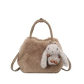 Schattige bruine pluche handtas van imitatiebont met leren handvat en konijnenhanger - Khaki