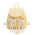 Sweet yellow plaid backpack with lace bow decoration and minimalist Korean style design - Yellow