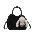 Cute black faux fur handbag with white bunny pendant and adjustable shoulder strap - Black