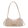 Borsa a spalla minimalista in pelle PU beige con base curva e chiusura a patta - Bianco Sporco