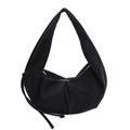 Vintage black faux suede cloud shoulder bag with gathered pleats and decorative drawstrings - Black