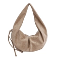 Minimalist crescent hobo bag in khaki faux suede with pleated details and wide strap - Khaki